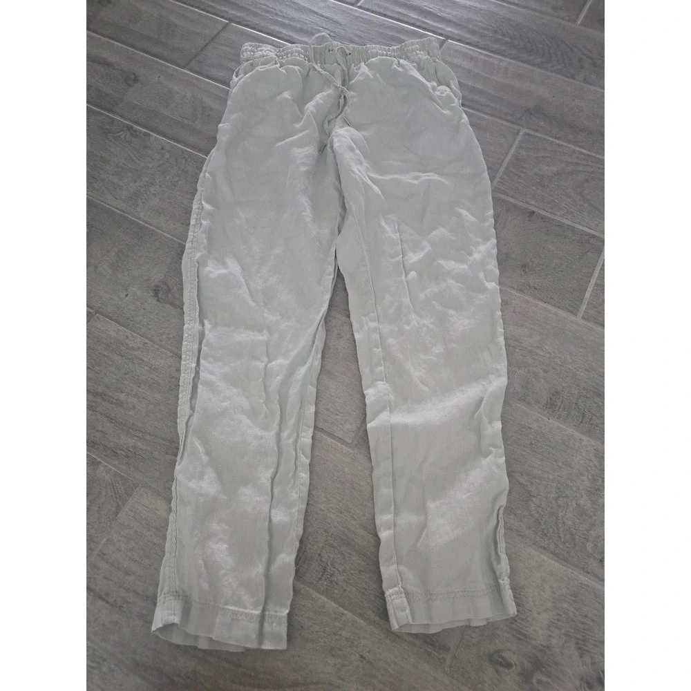 H&M Women 100% Linen Drawstring Relaxed Straight Pants Light Gray Small